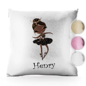 Personalised Glitter Cushion with Cute Text and Black Hair Black Dress Tiara Ballerina