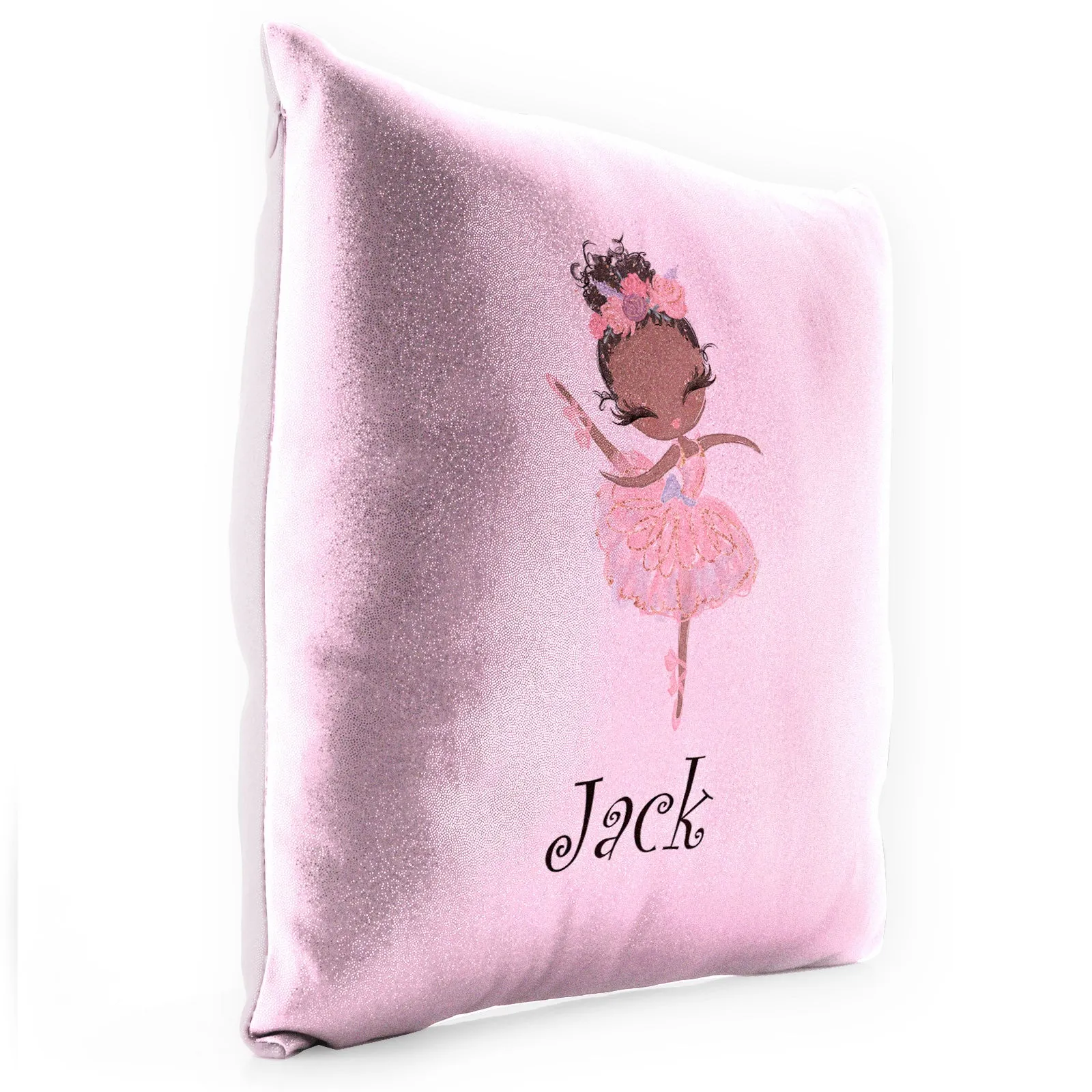 Personalised Glitter Cushion with Cute Text and Black Hair Pink Dress Ballerina