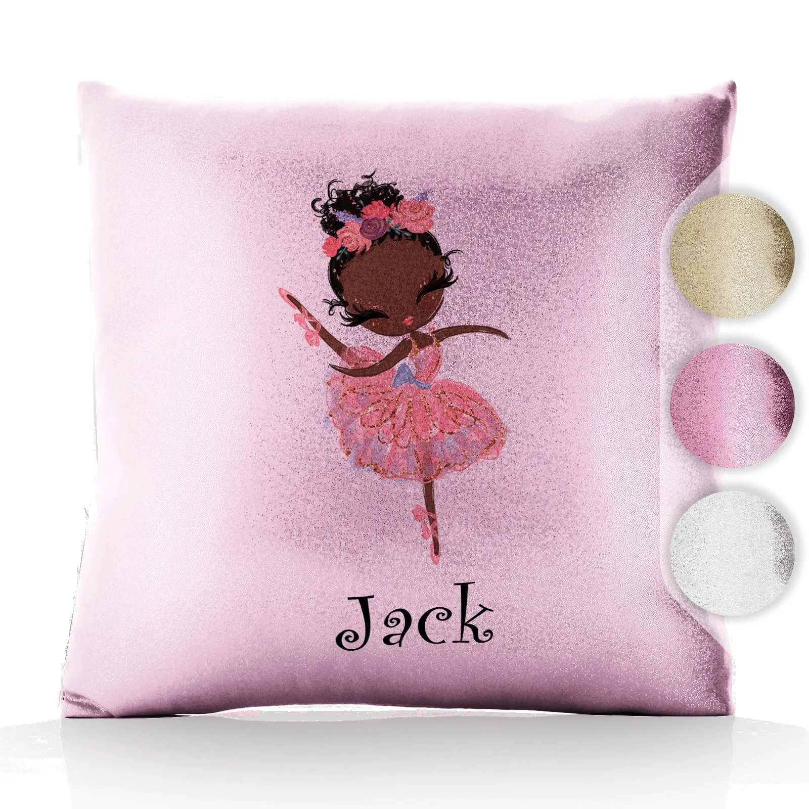 Personalised Glitter Cushion with Cute Text and Black Hair Pink Dress Ballerina