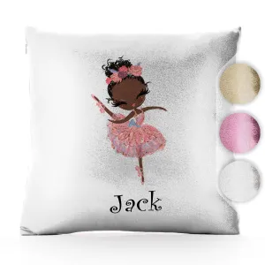 Personalised Glitter Cushion with Cute Text and Black Hair Pink Dress Ballerina