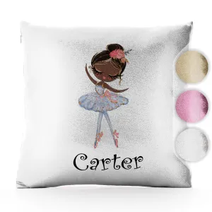 Personalised Glitter Cushion with Cute Text and Black Hair White Dress Ballerina