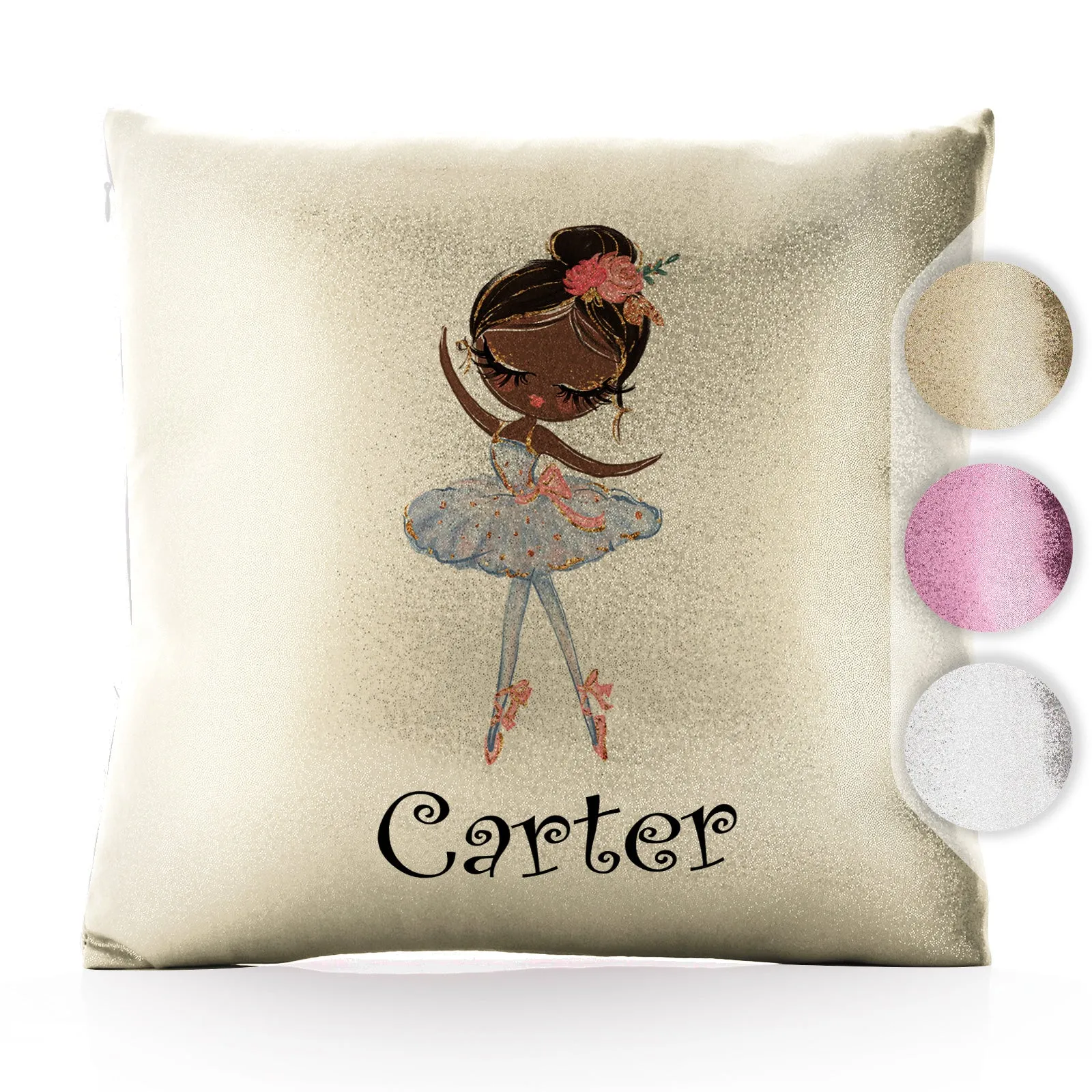 Personalised Glitter Cushion with Cute Text and Black Hair White Dress Ballerina
