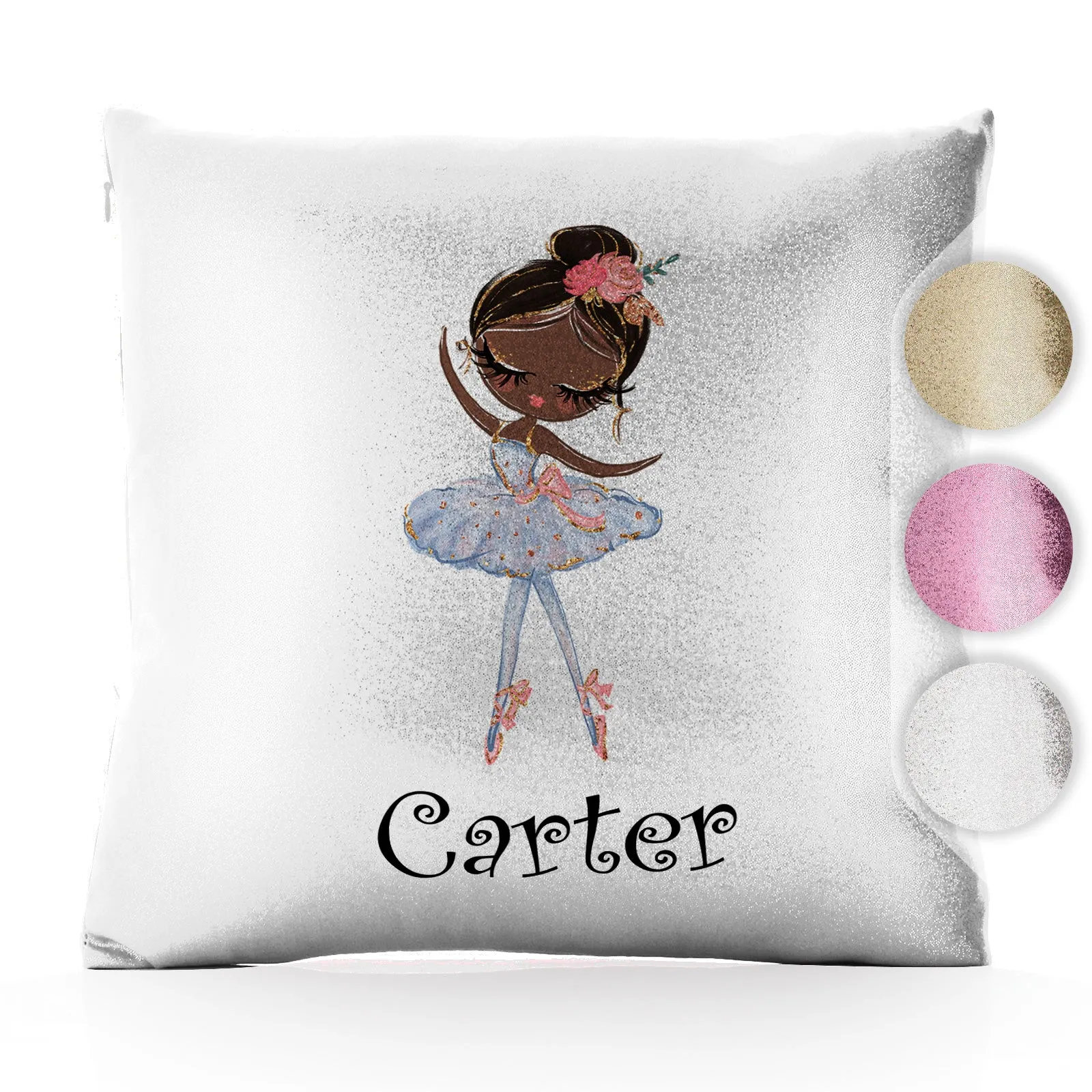 Personalised Glitter Cushion with Cute Text and Black Hair White Dress Ballerina