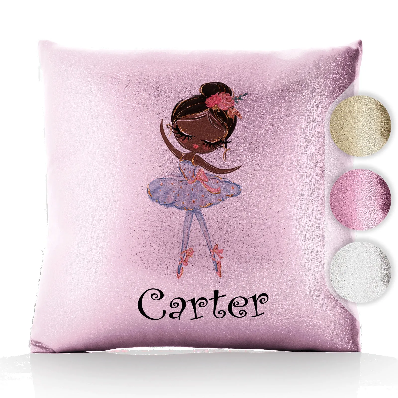 Personalised Glitter Cushion with Cute Text and Black Hair White Dress Ballerina