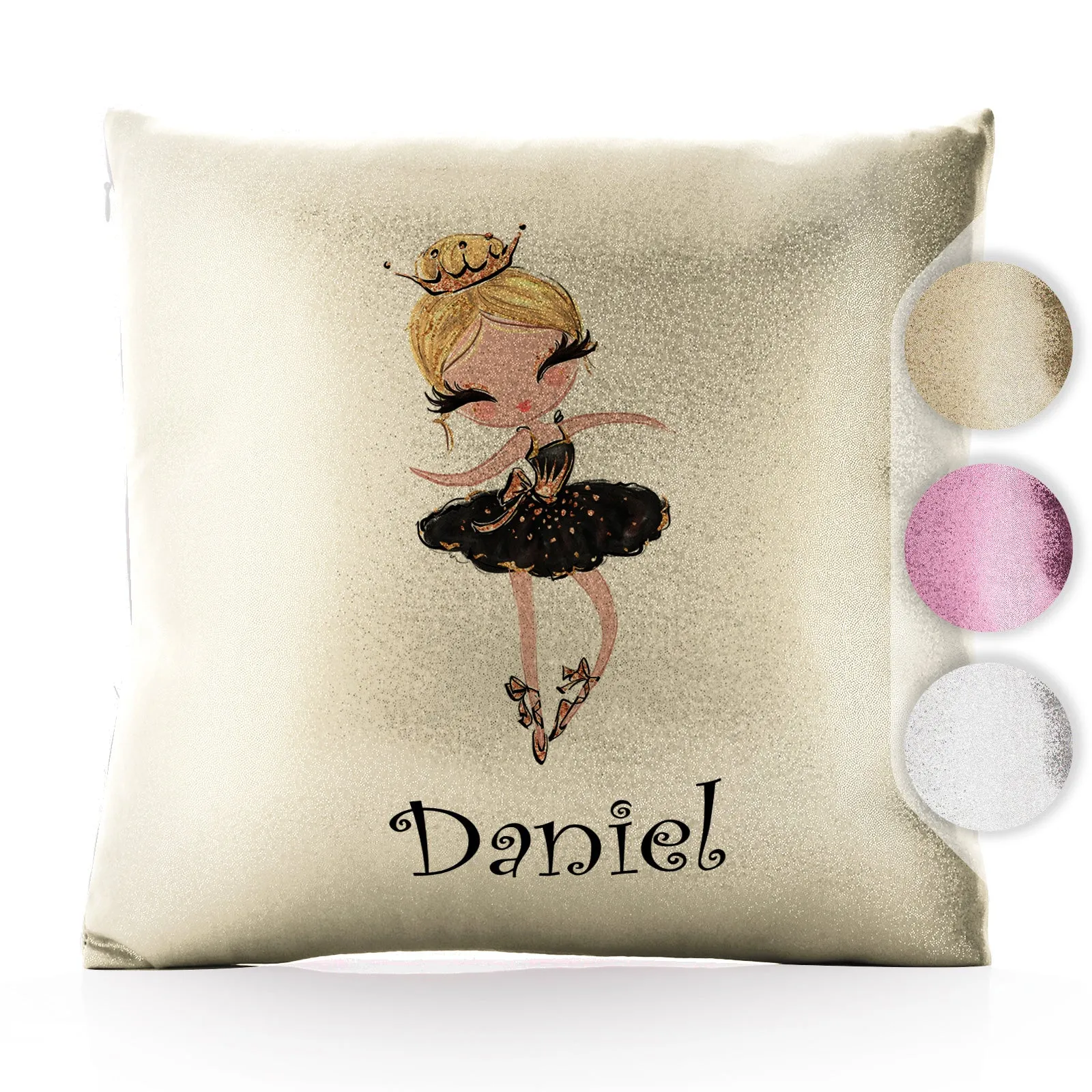 Personalised Glitter Cushion with Cute Text and Blonde Hair Black Dress Tiara Ballerina