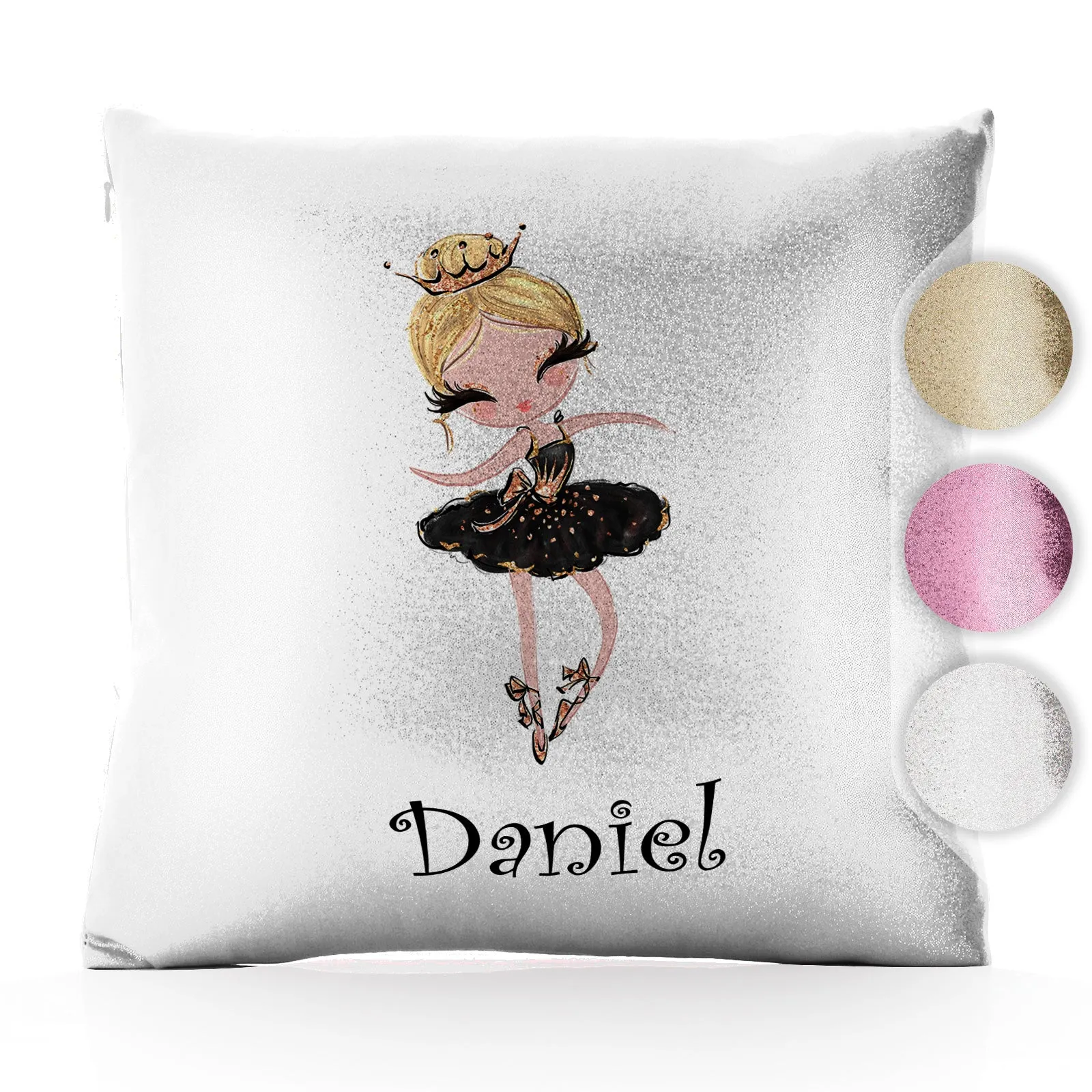 Personalised Glitter Cushion with Cute Text and Blonde Hair Black Dress Tiara Ballerina