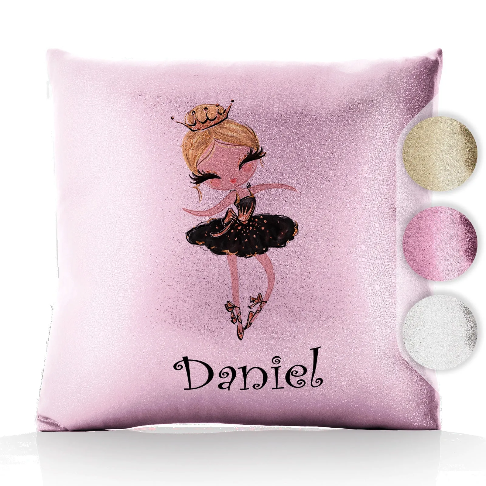 Personalised Glitter Cushion with Cute Text and Blonde Hair Black Dress Tiara Ballerina