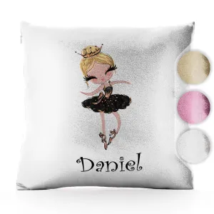 Personalised Glitter Cushion with Cute Text and Blonde Hair Black Dress Tiara Ballerina