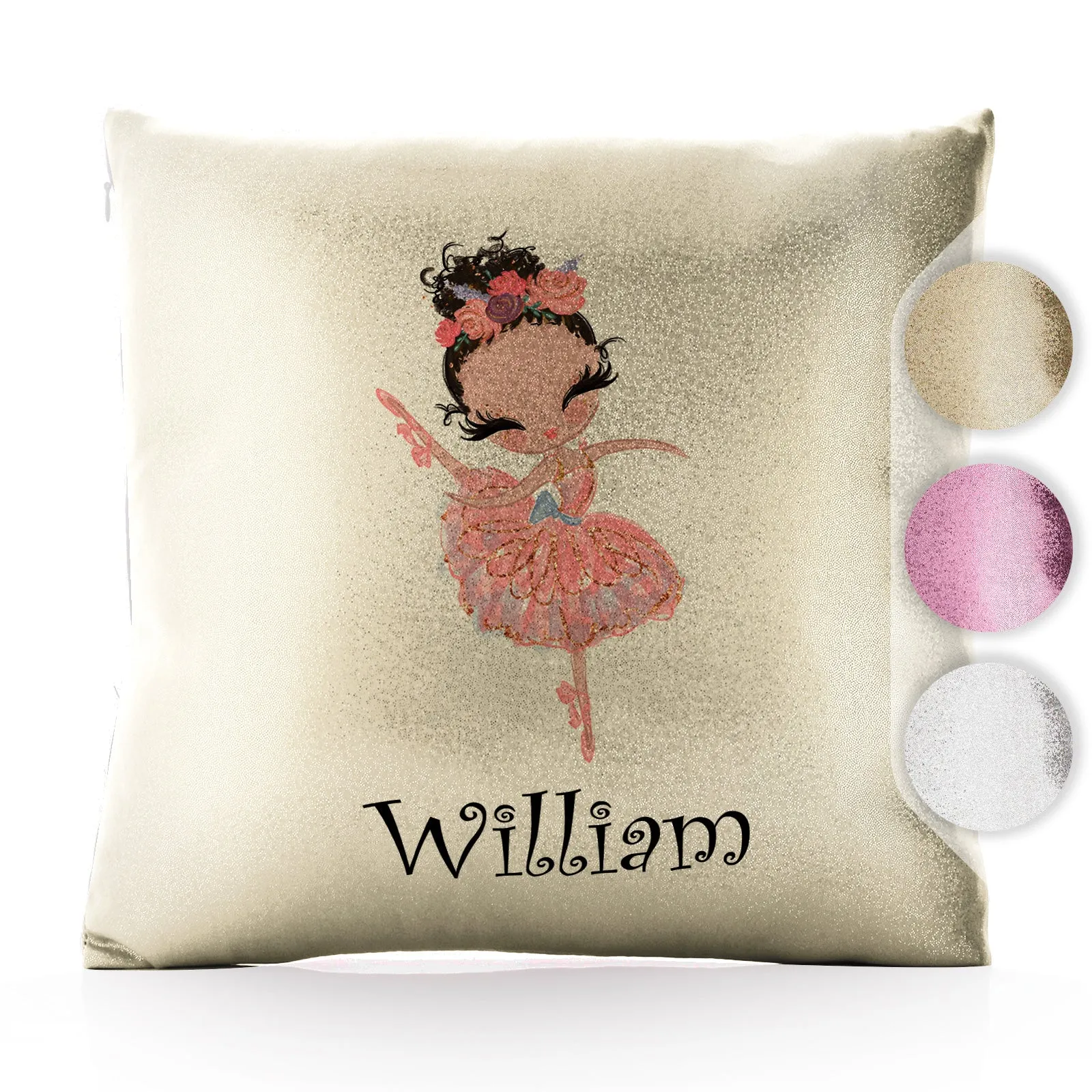 Personalised Glitter Cushion with Cute Text and Brown Hair Pink Dress Ballerina