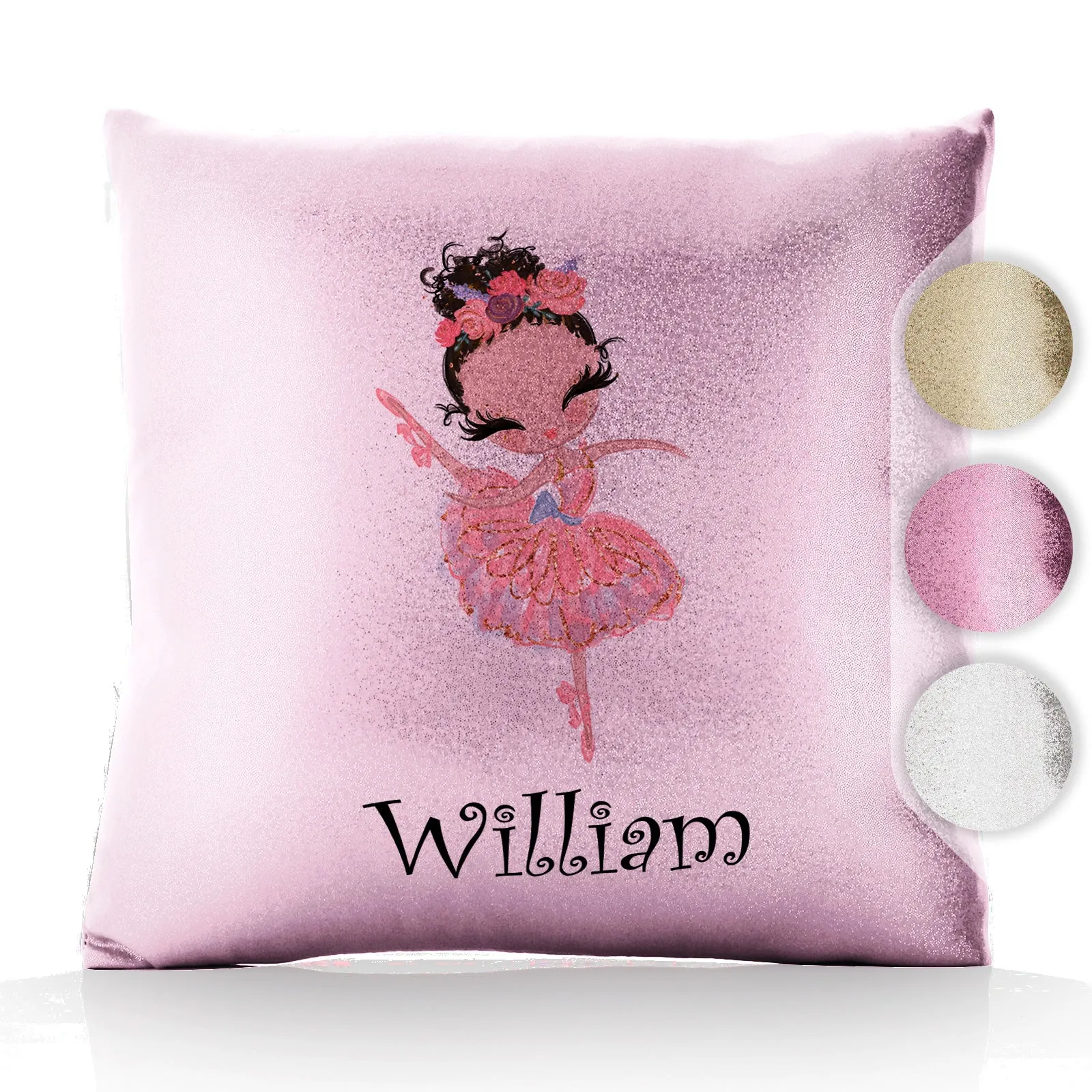 Personalised Glitter Cushion with Cute Text and Brown Hair Pink Dress Ballerina