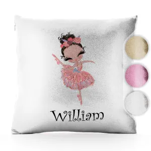 Personalised Glitter Cushion with Cute Text and Brown Hair Pink Dress Ballerina