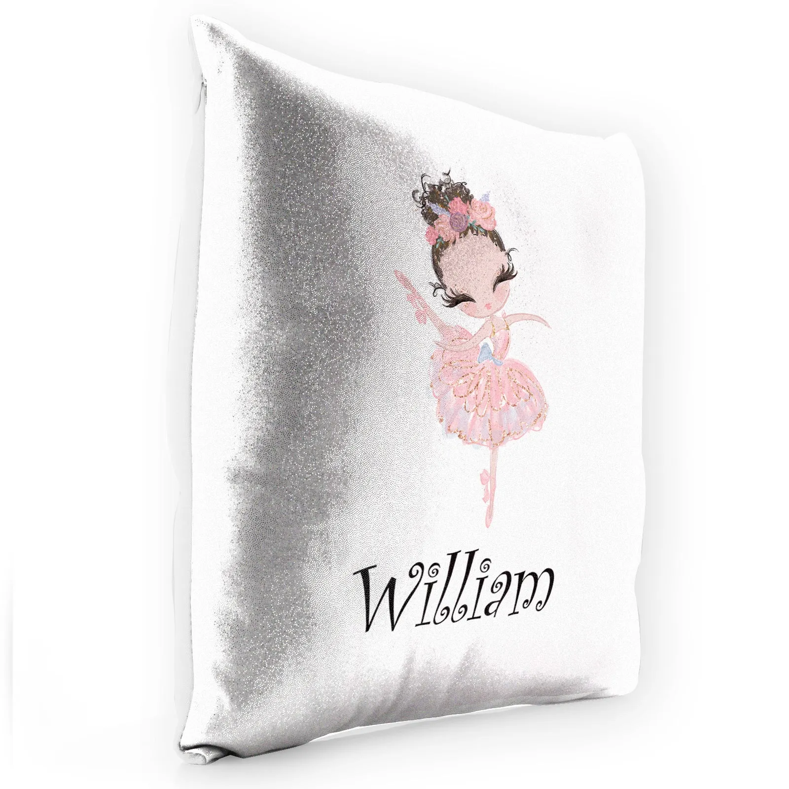 Personalised Glitter Cushion with Cute Text and Brown Hair Pink Dress Ballerina