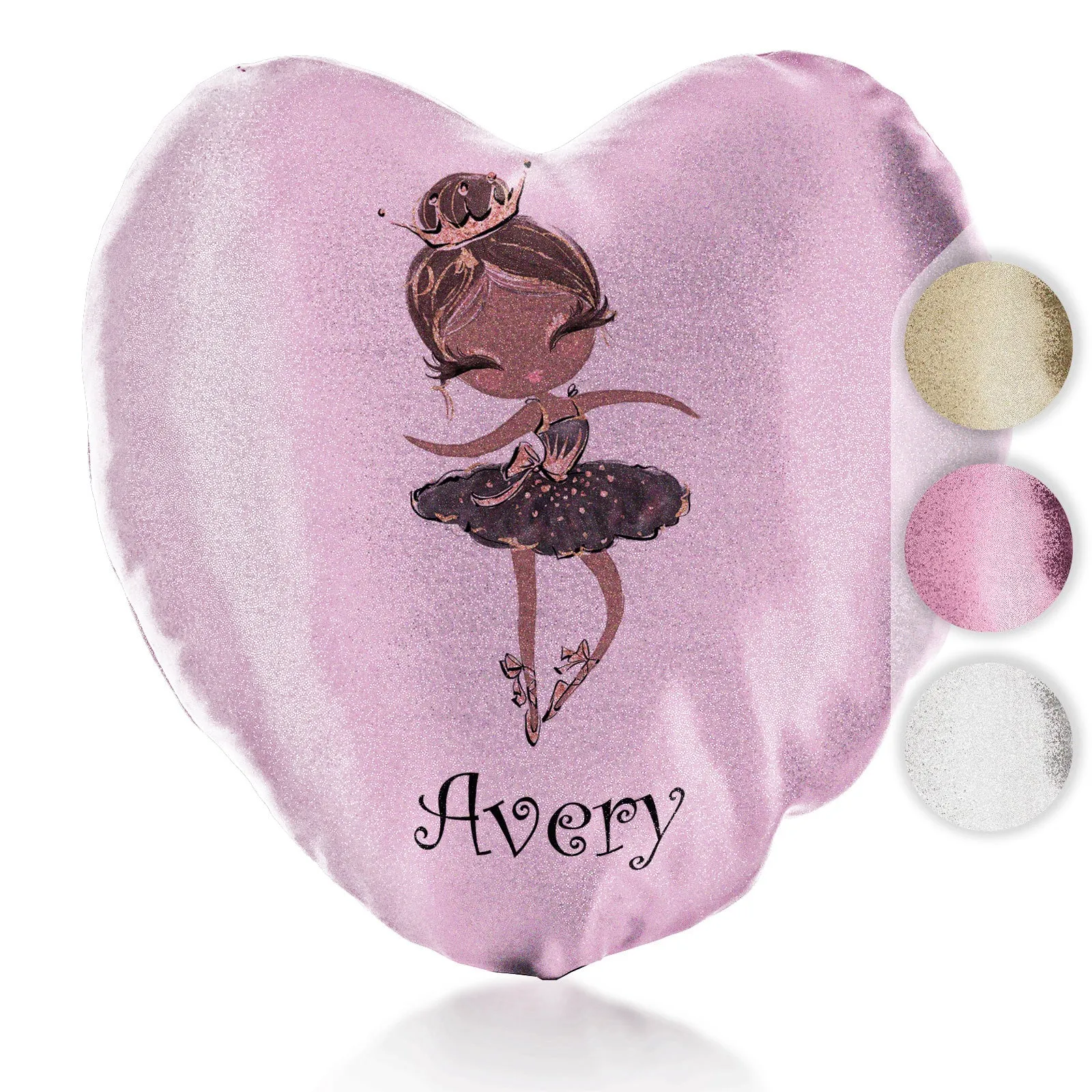 Personalised Glitter Heart Cushion with Cute Text and Black Hair Black Dress Tiara Ballerina