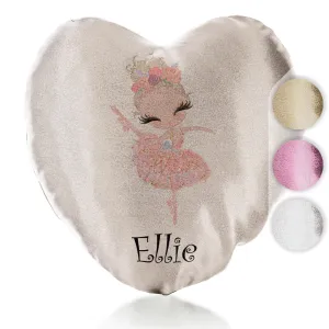 Personalised Glitter Heart Cushion with Cute Text and Blonde Hair Pink Dress Ballerina