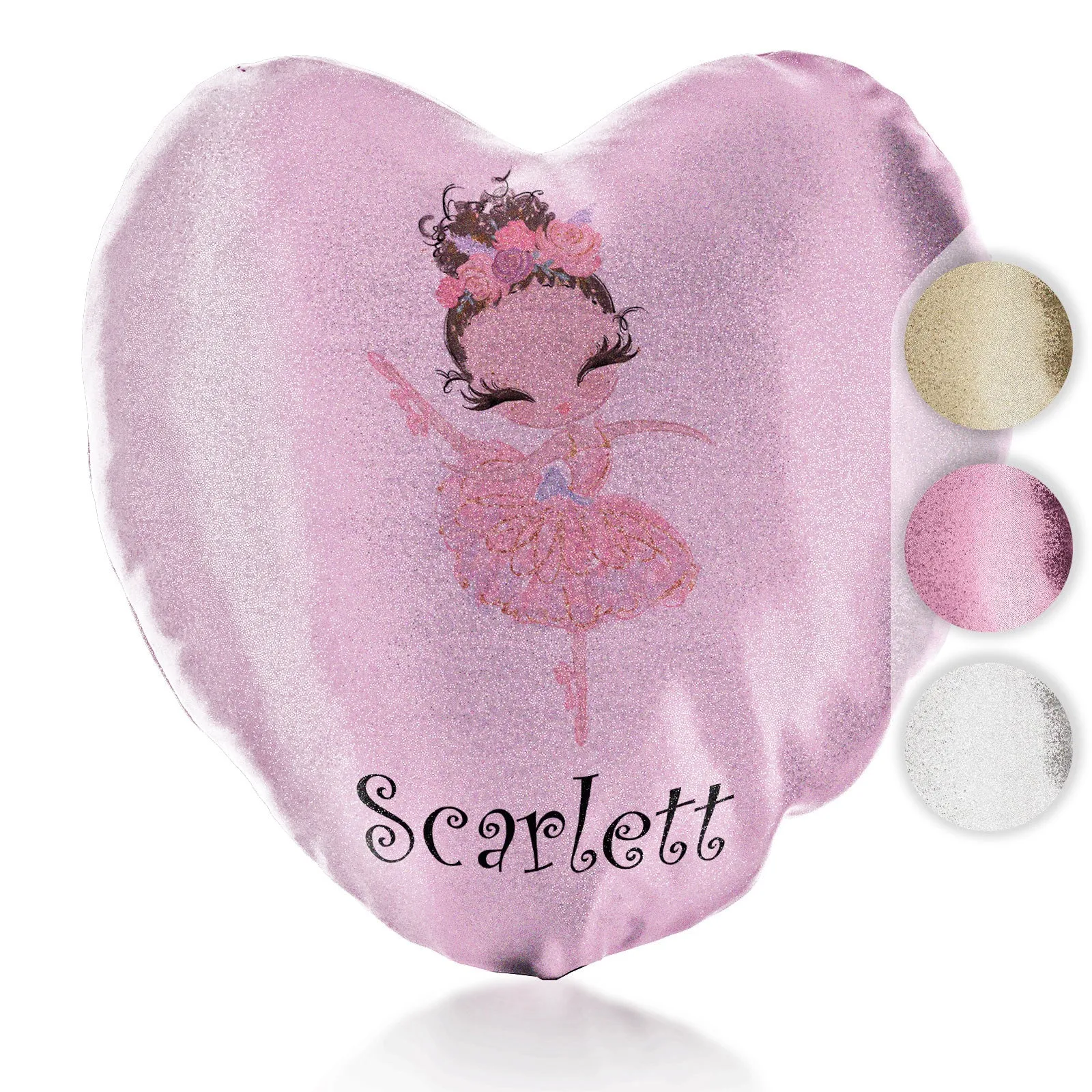 Personalised Glitter Heart Cushion with Cute Text and Brown Hair Pink Dress Ballerina