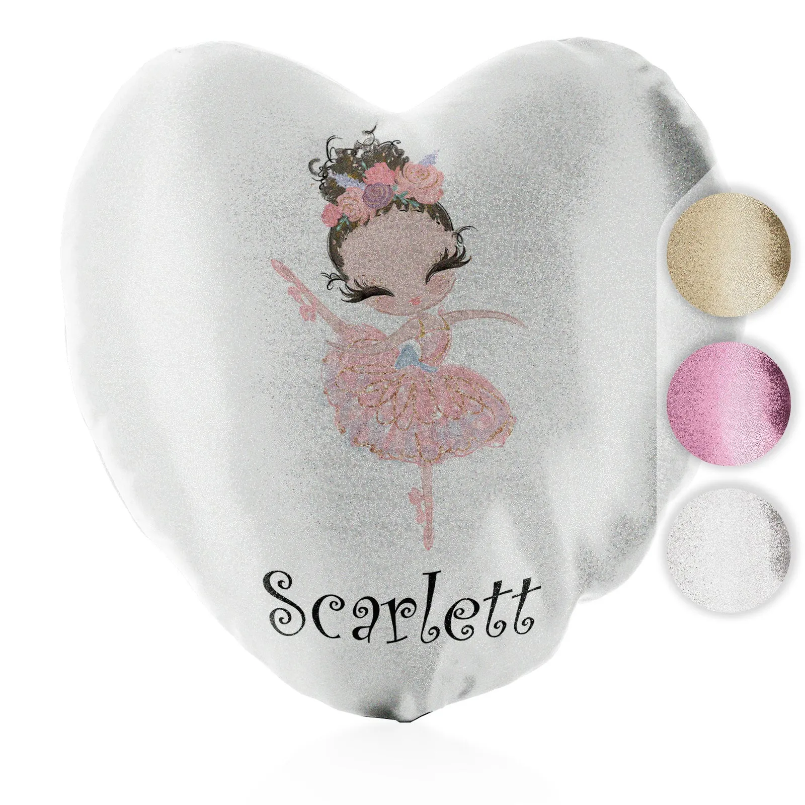 Personalised Glitter Heart Cushion with Cute Text and Brown Hair Pink Dress Ballerina