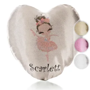 Personalised Glitter Heart Cushion with Cute Text and Brown Hair Pink Dress Ballerina