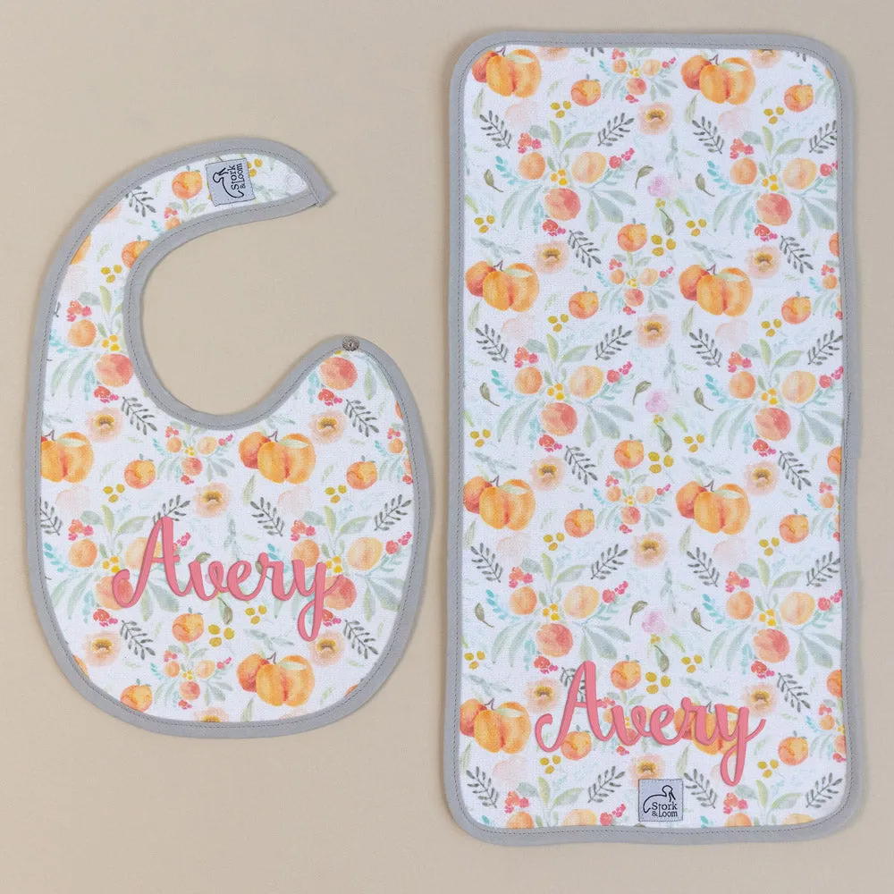 Personalized Bib and Burp Cloth Set - Peachy - Baby Girl Shower Gift