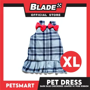 Pet Jumper Dress Dark Blue Checkered Jumper With Pink Ribbon DG-CTN123XL (Extra Large) Perfect Fit For Dogs And Cats, Pet Dress Clothes, Soft and Comfortable Pet Clothing