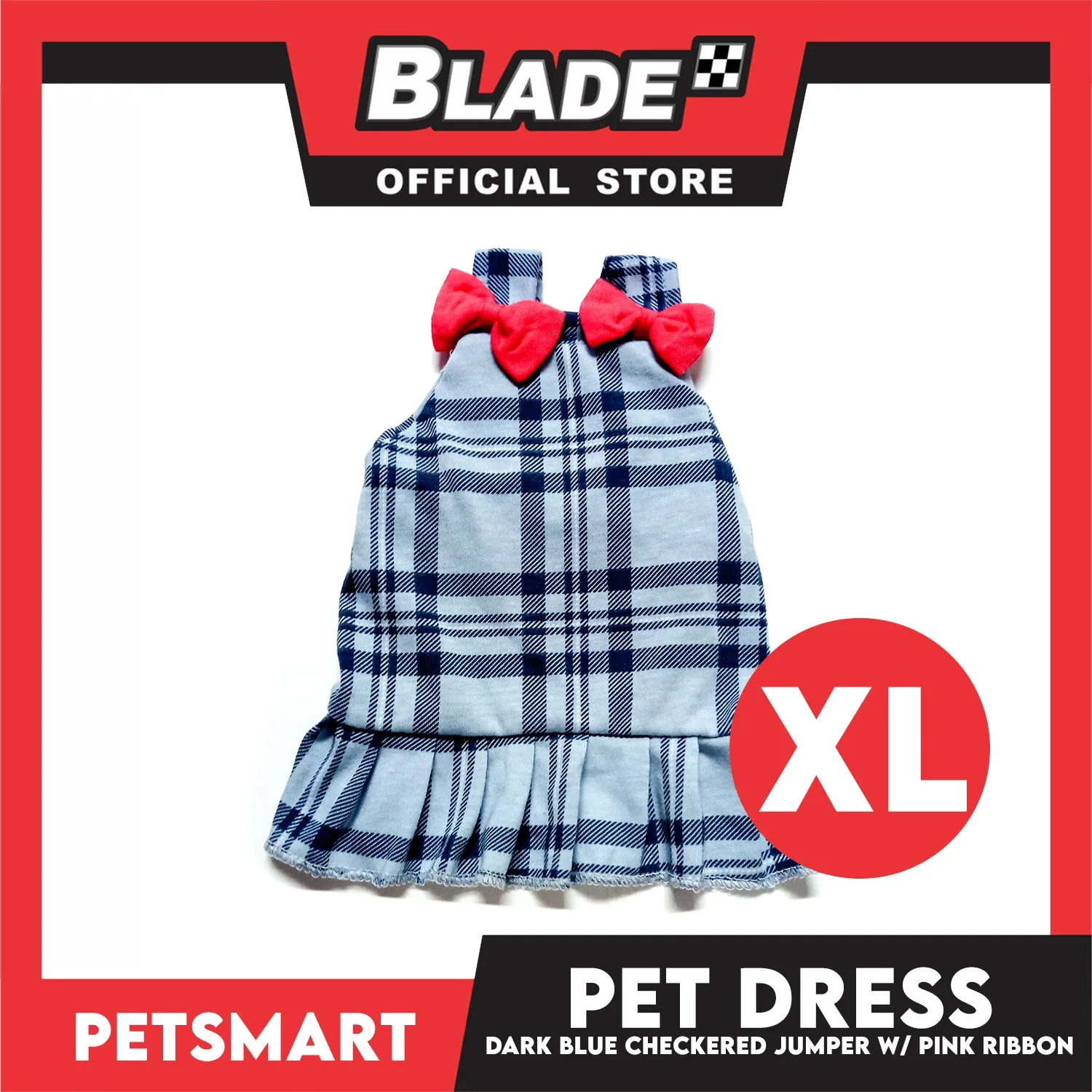 Pet Jumper Dress Dark Blue Checkered Jumper With Pink Ribbon DG-CTN123XL (Extra Large) Perfect Fit For Dogs And Cats, Pet Dress Clothes, Soft and Comfortable Pet Clothing