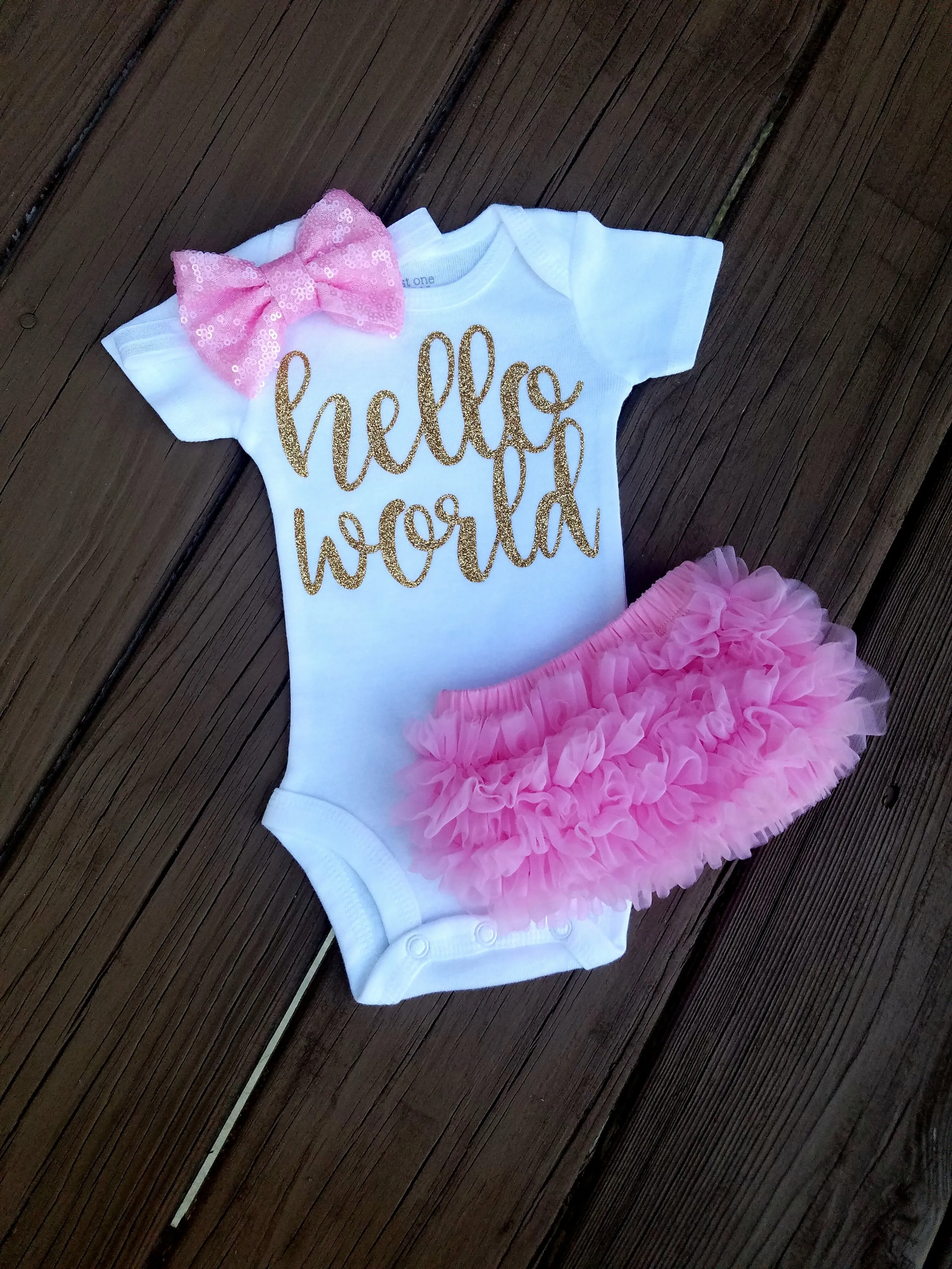 Pink And Gold Newborn Outfit Hello World Outfit Baby Girl Outfit