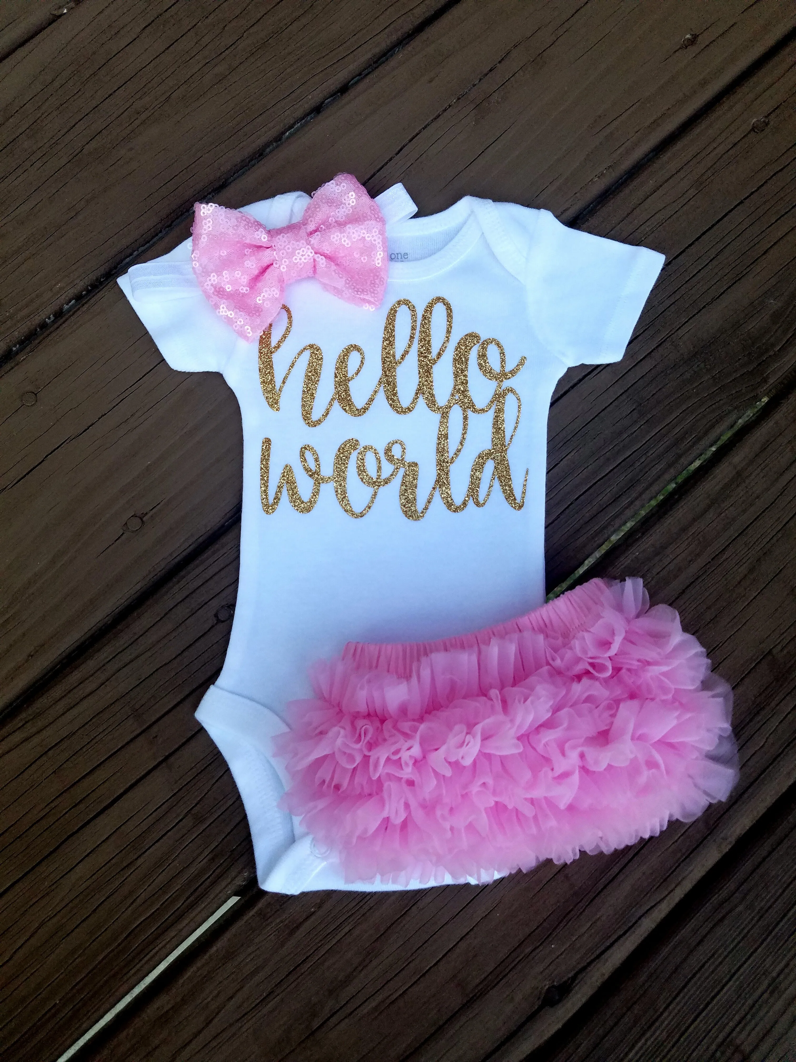 Pink And Gold Newborn Outfit Hello World Outfit Baby Girl Outfit