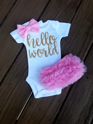 Pink And Gold Newborn Outfit Hello World Outfit Baby Girl Outfit