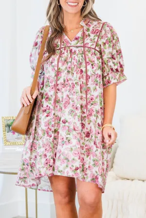 Pink Floral Split Neck Short Sleeve Loose Mini Dress