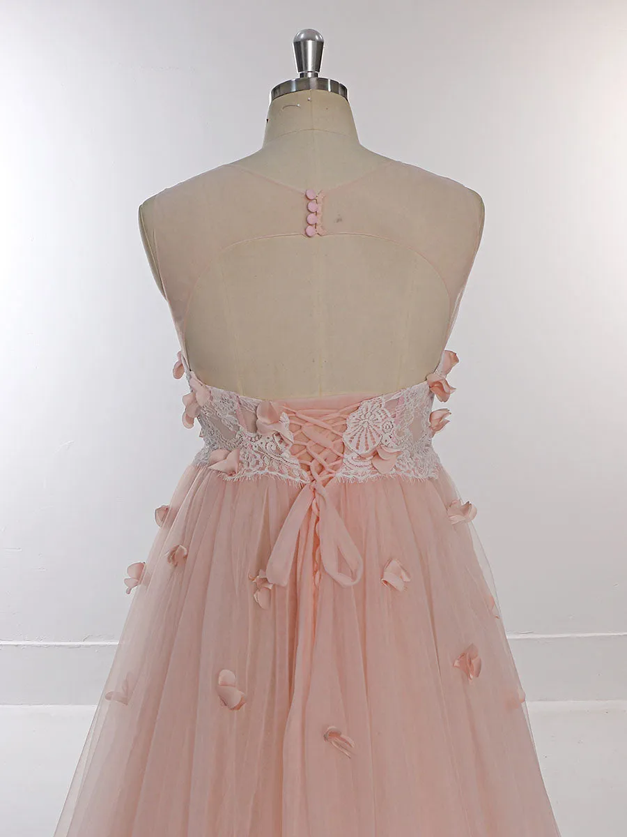Pink Flower Soft Tulle Dress for Photo Shoots Crew Neck Backless Tulle Maxi Dress YW230330