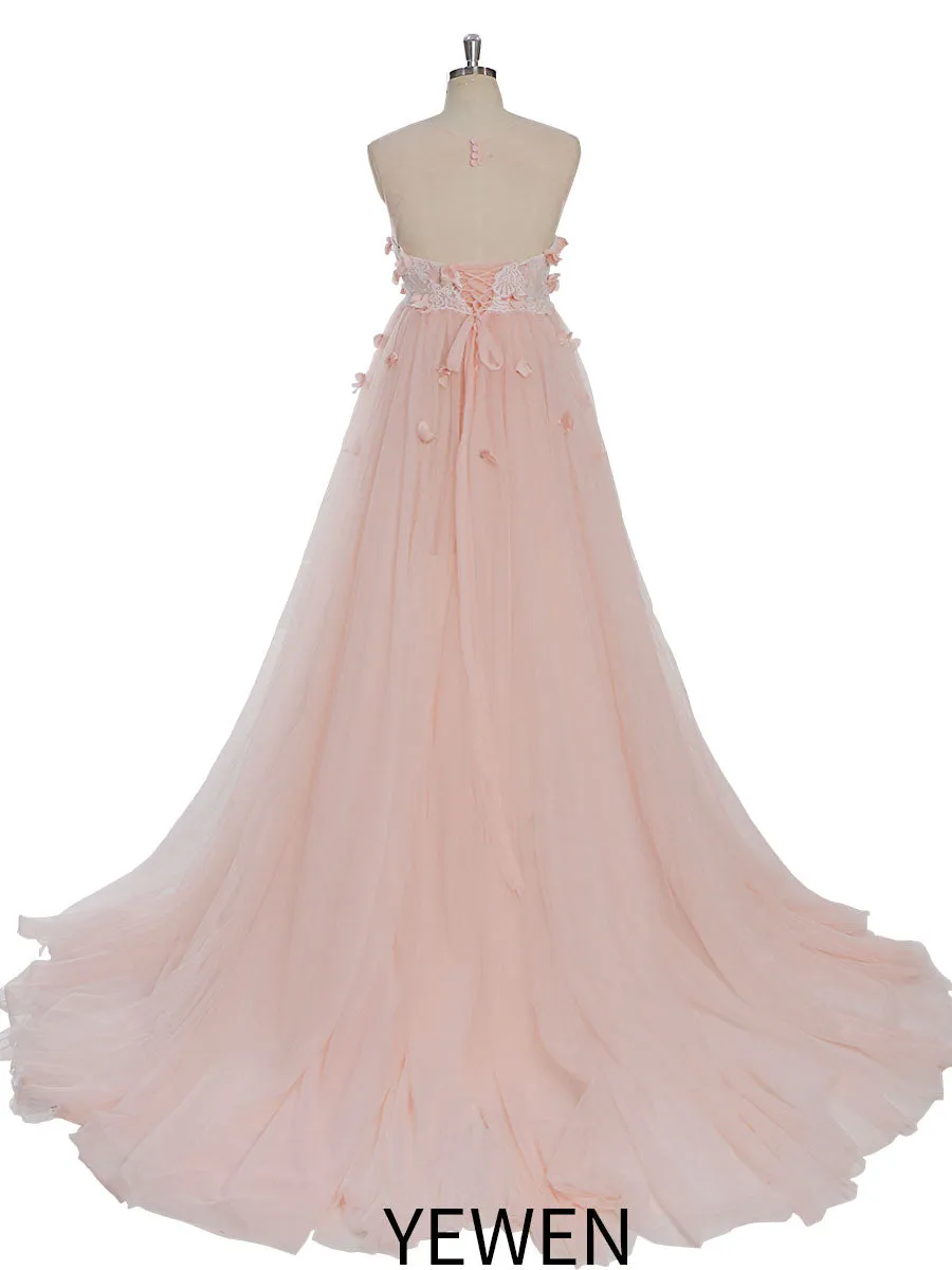 Pink Flower Soft Tulle Dress for Photo Shoots Crew Neck Backless Tulle Maxi Dress YW230330