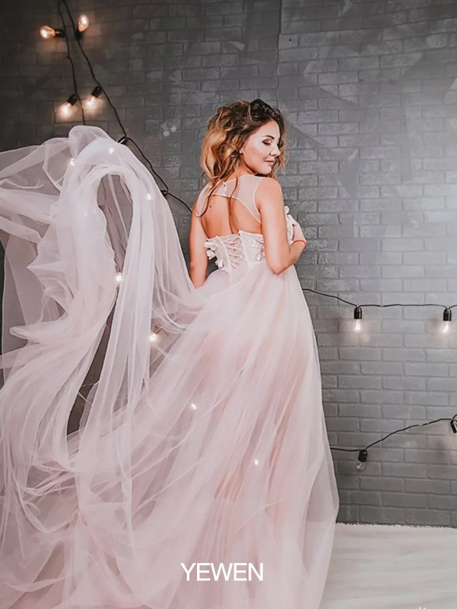 Pink Flower Soft Tulle Dress for Photo Shoots Crew Neck Backless Tulle Maxi Dress YW230330