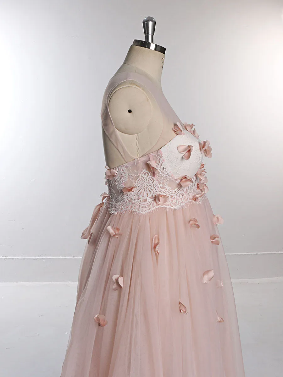 Pink Flower Soft Tulle Dress for Photo Shoots Crew Neck Backless Tulle Maxi Dress YW230330