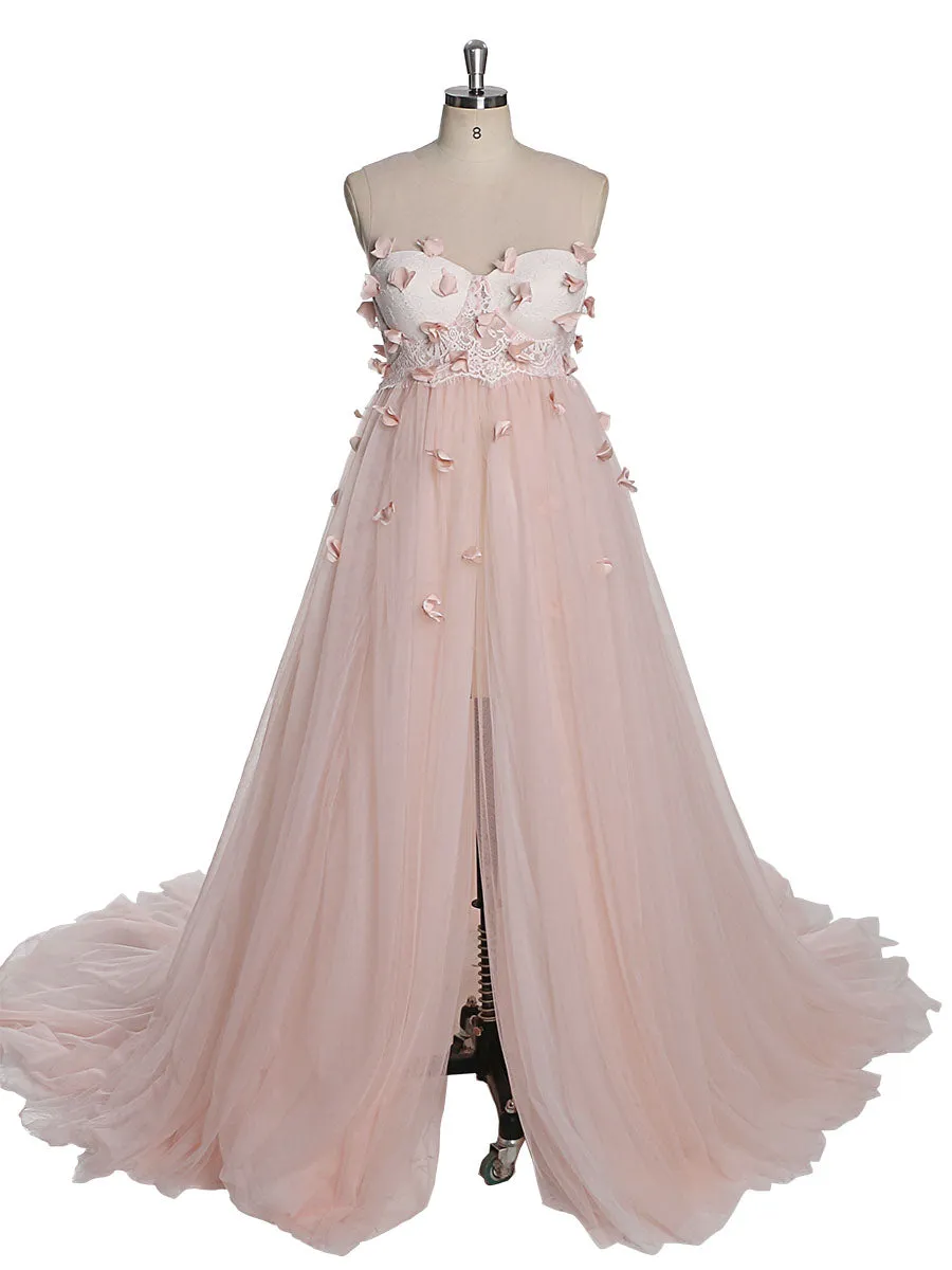 Pink Flower Soft Tulle Dress for Photo Shoots Crew Neck Backless Tulle Maxi Dress YW230330