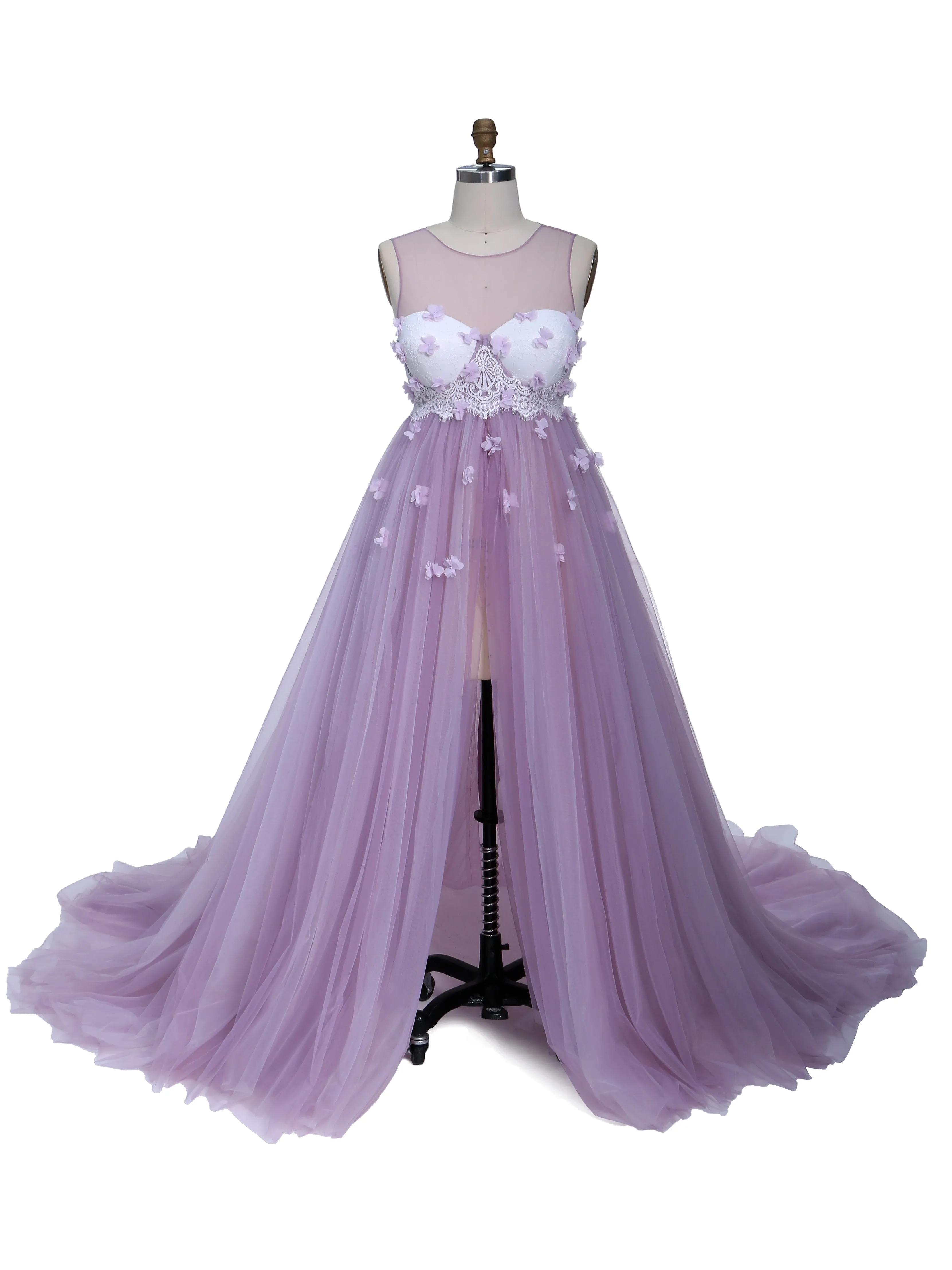 Pink Flower Soft Tulle Dress for Photo Shoots Crew Neck Backless Tulle Maxi Dress YW230330