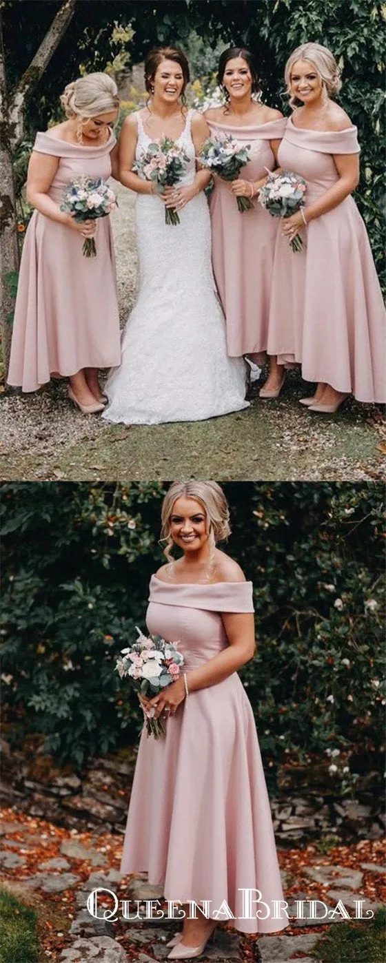 Pink Off Shoulder Sleeveless A Line High Low Satin Bridesmaid Dresses, QB0727