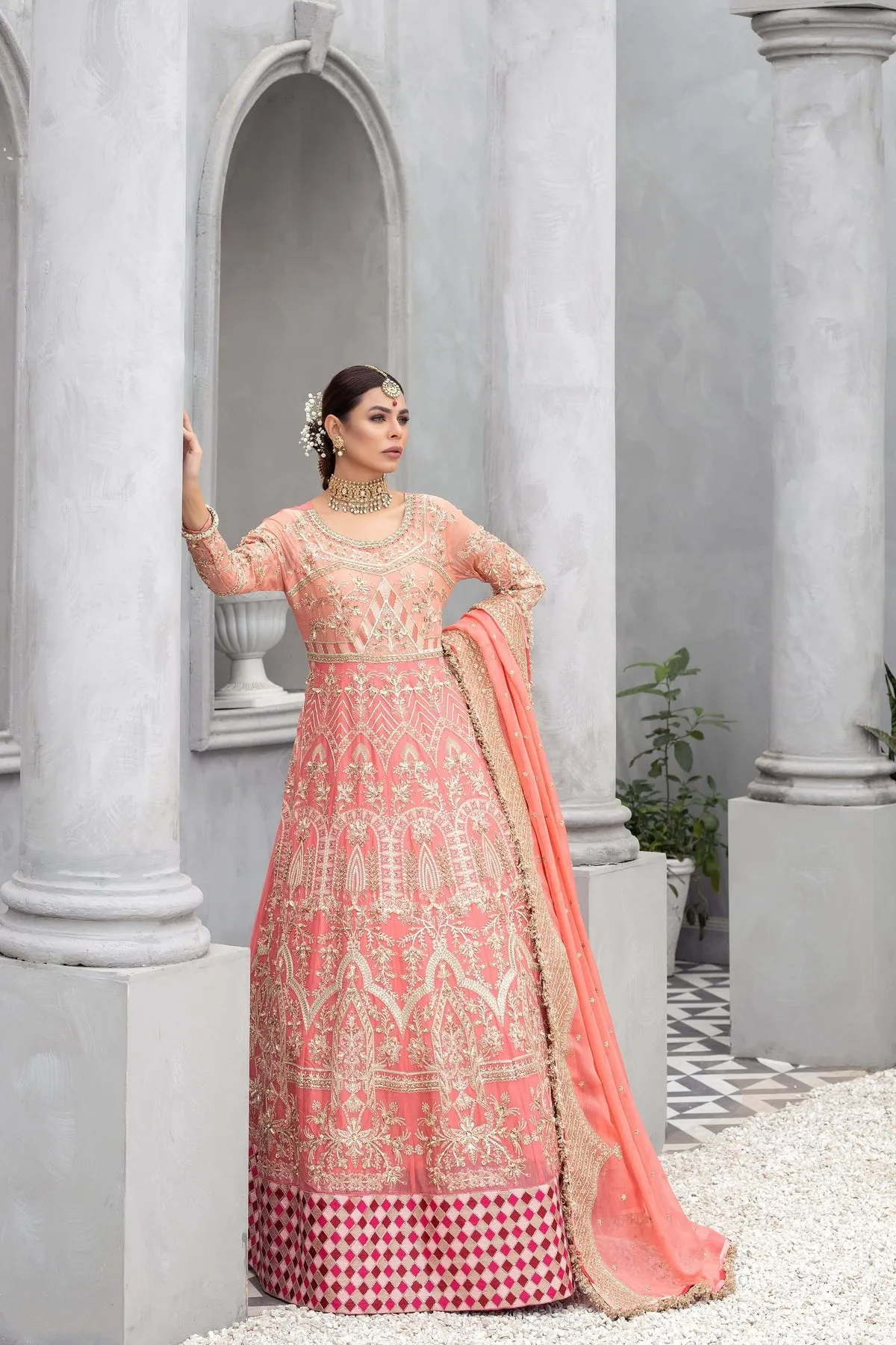 Pink Pakistani Bridal Dress in Embellished Gown Style