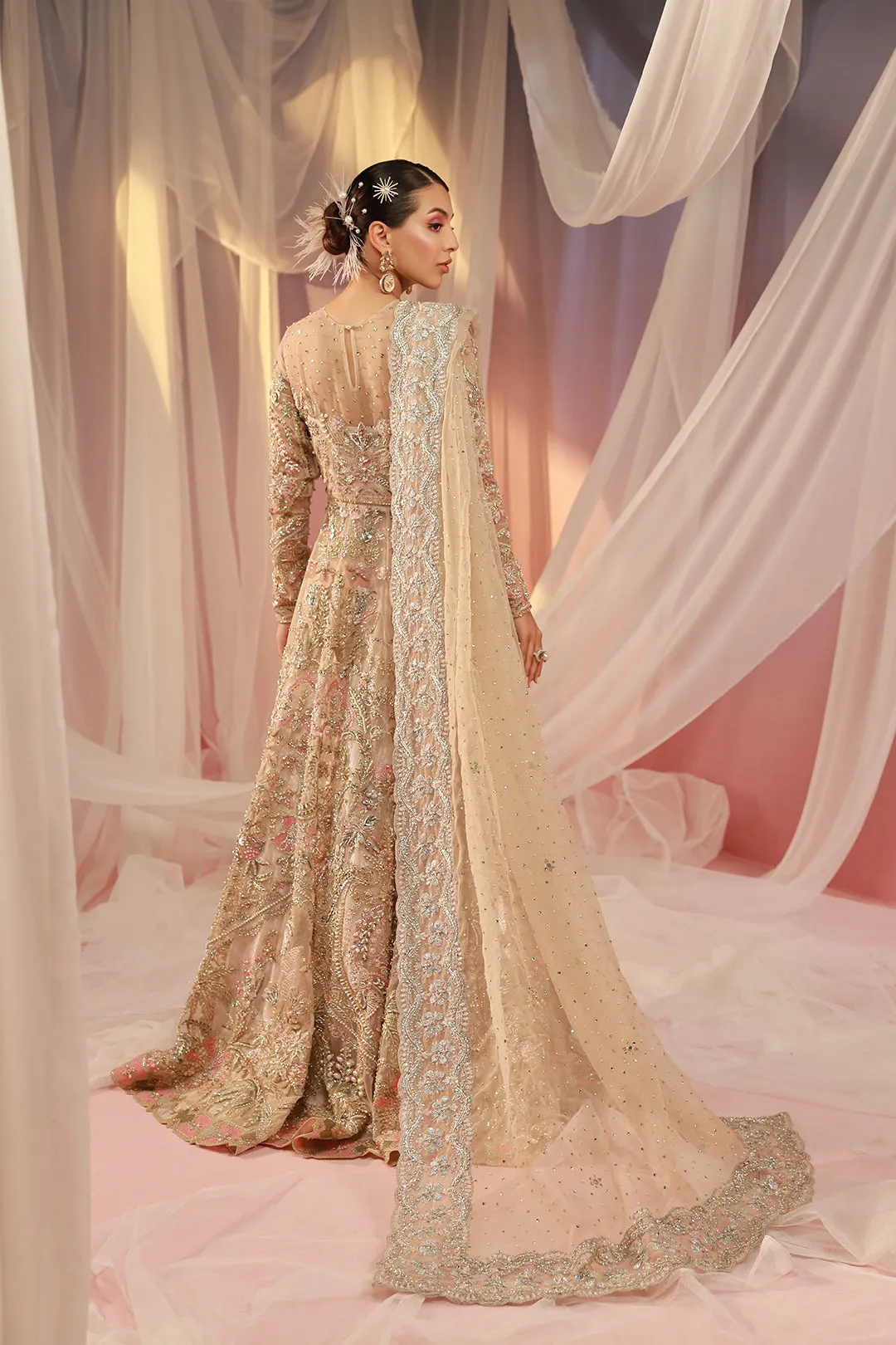 Pink Pakistani Bridal Outfit in Gown Lehenga Style