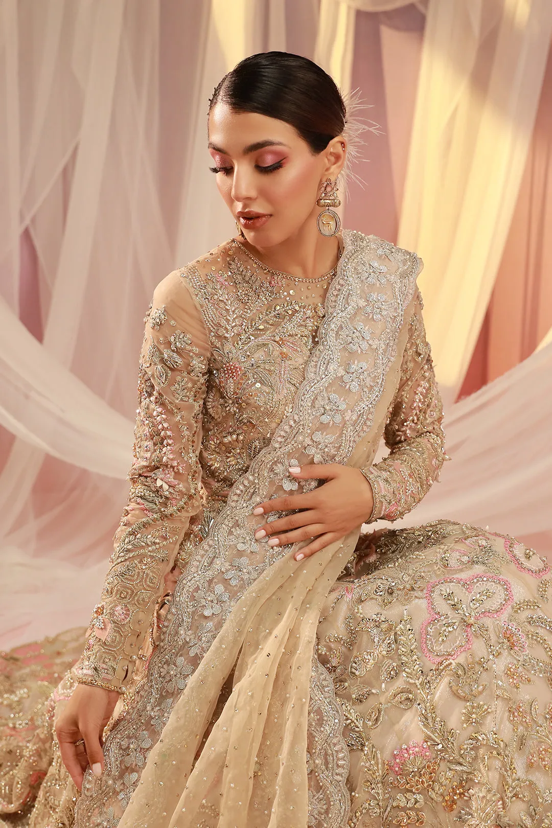 Pink Pakistani Bridal Outfit in Gown Lehenga Style