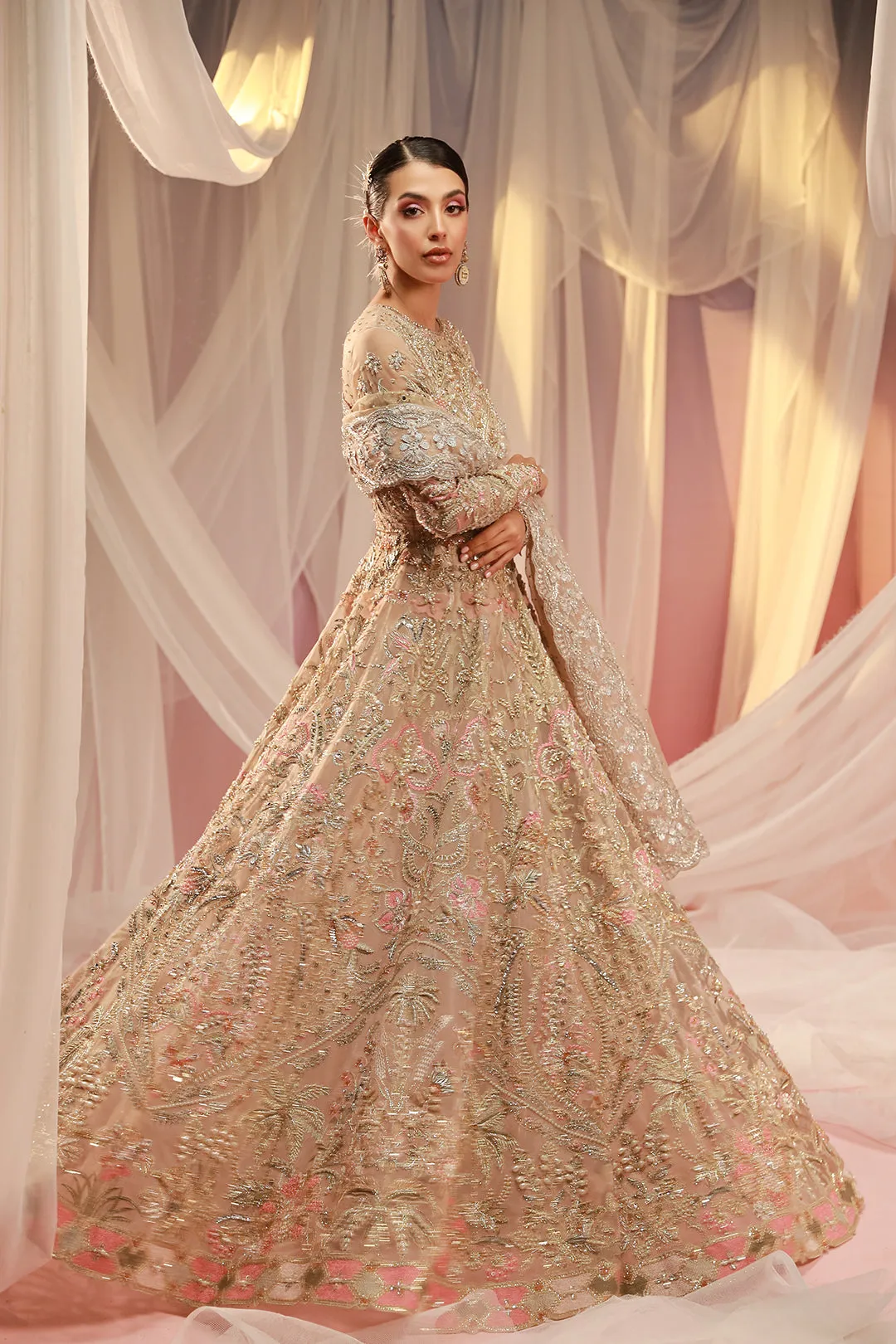 Pink Pakistani Bridal Outfit in Gown Lehenga Style