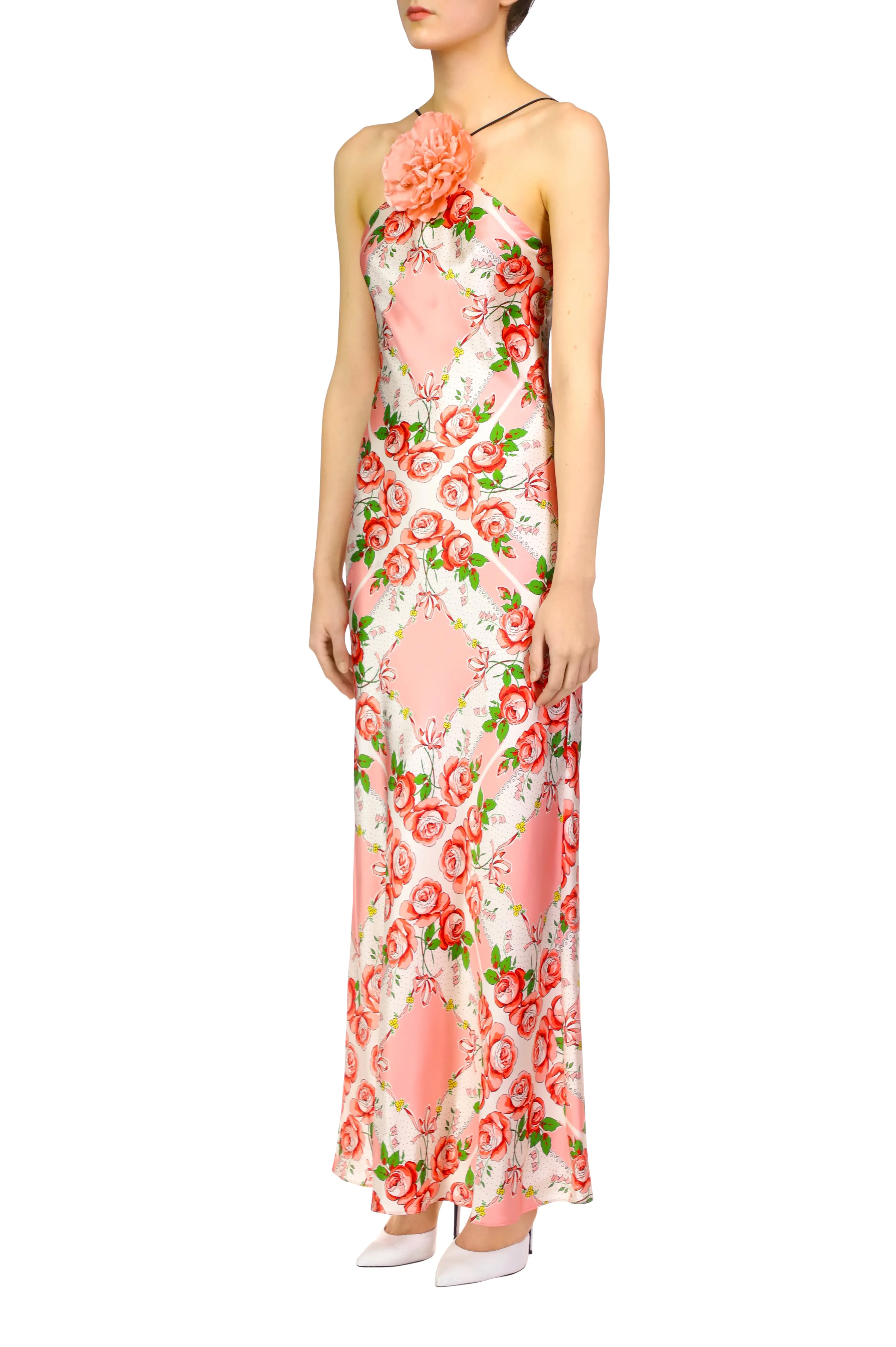 Pink Rose Printed Silk Satin Bias Halter Gown With Silk Flower Pin