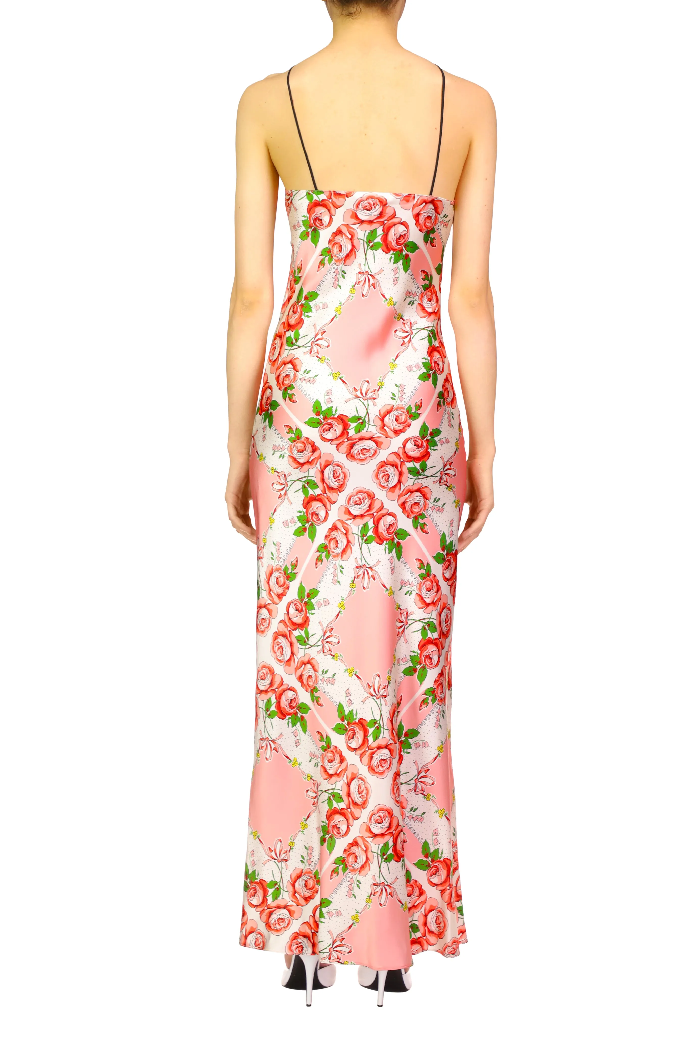Pink Rose Printed Silk Satin Bias Halter Gown With Silk Flower Pin