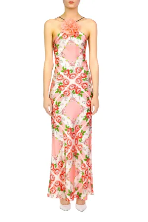 Pink Rose Printed Silk Satin Bias Halter Gown With Silk Flower Pin