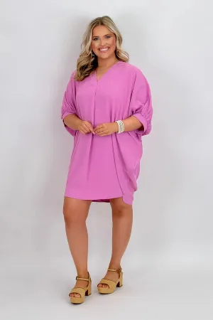 Pink V-Neck Dolman Sleeve Dress