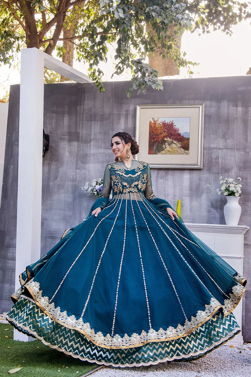 Pishwas Frock and Blue Lehenga Pakistani Wedding Dress