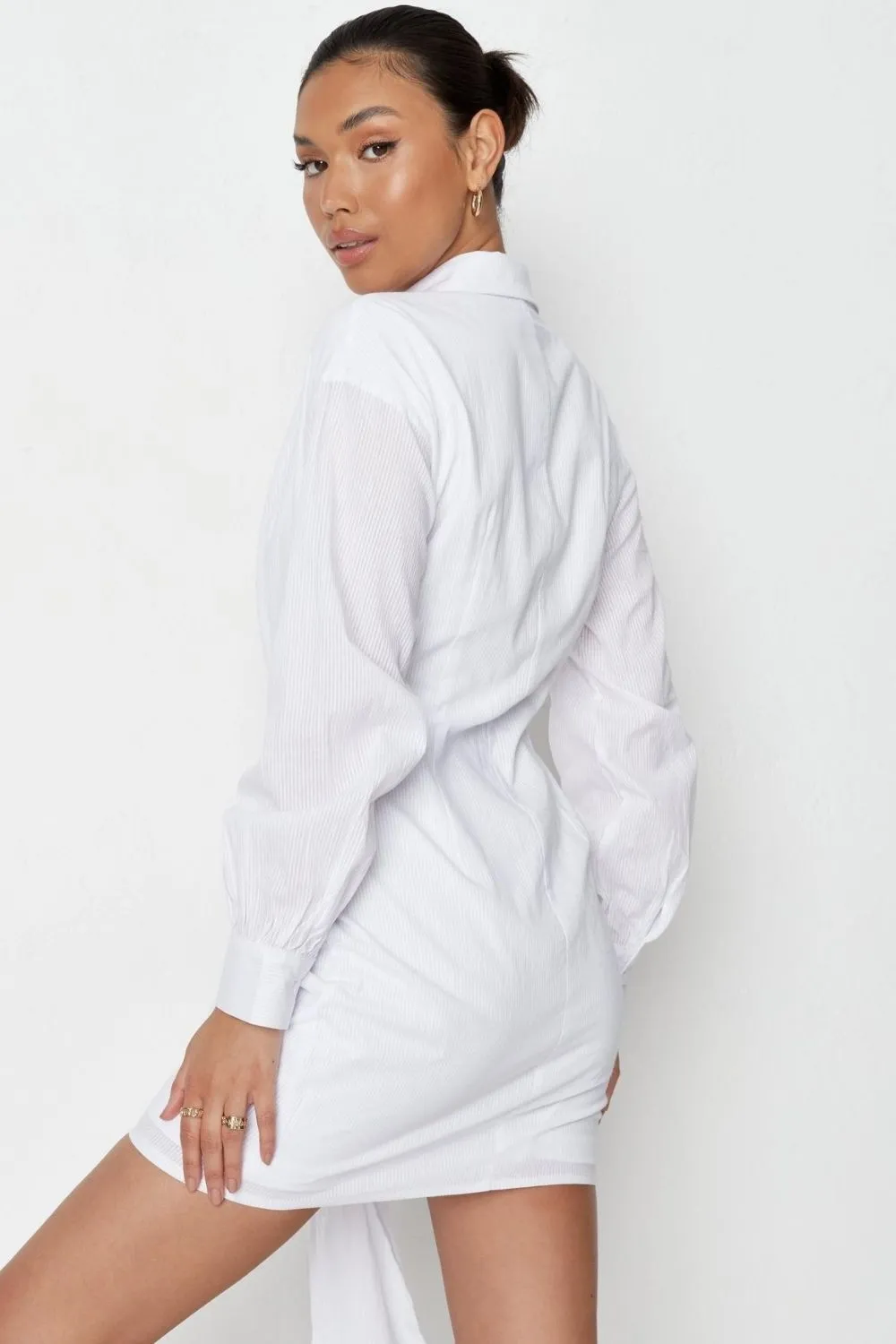 Plunge Neck Tie Knot At Front Waist White Mini Dress