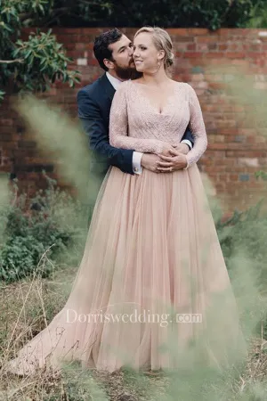 Plus Size Blush Long Sleeves Bling Sequins V Neck A Line Tulle Lace Bridal Gown-715421