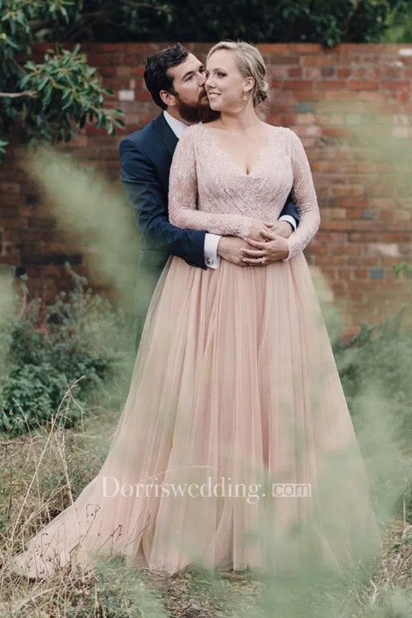 Plus Size Blush Long Sleeves Bling Sequins V Neck A Line Tulle Lace Bridal Gown-715421