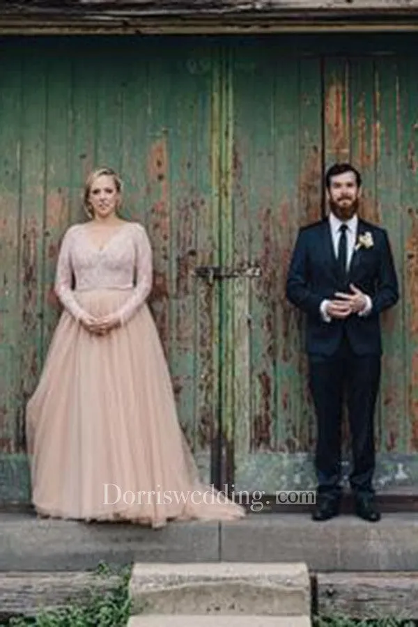 Plus Size Blush Long Sleeves Bling Sequins V Neck A Line Tulle Lace Bridal Gown-715421