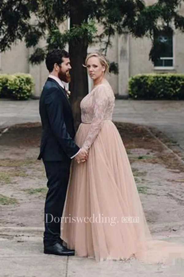 Plus Size Blush Long Sleeves Bling Sequins V Neck A Line Tulle Lace Bridal Gown-715421