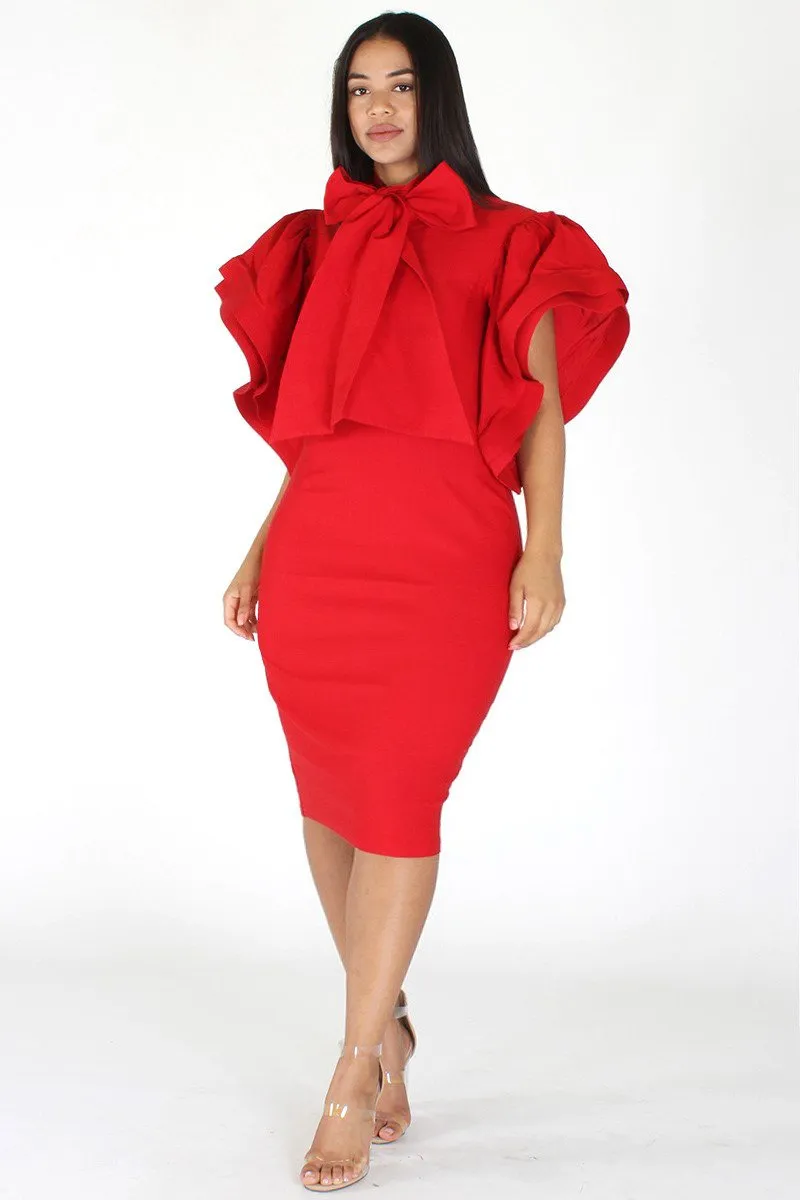 Plus Size Lovable Bow Necktie Ruffle Sleeves Dress